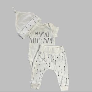 Rae Dunn Mama’s Little Man Baby Boy Bodysuit Pants and Hat Set Size 0-3 months